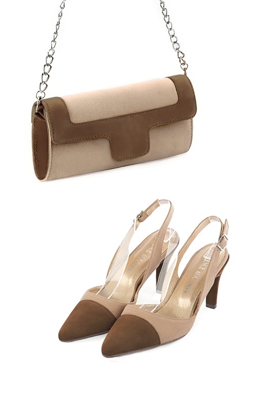 Women's tan beige and chocolate brown luxurious elegant clutch for ceremonies, weddings and evenings out. - Worn view